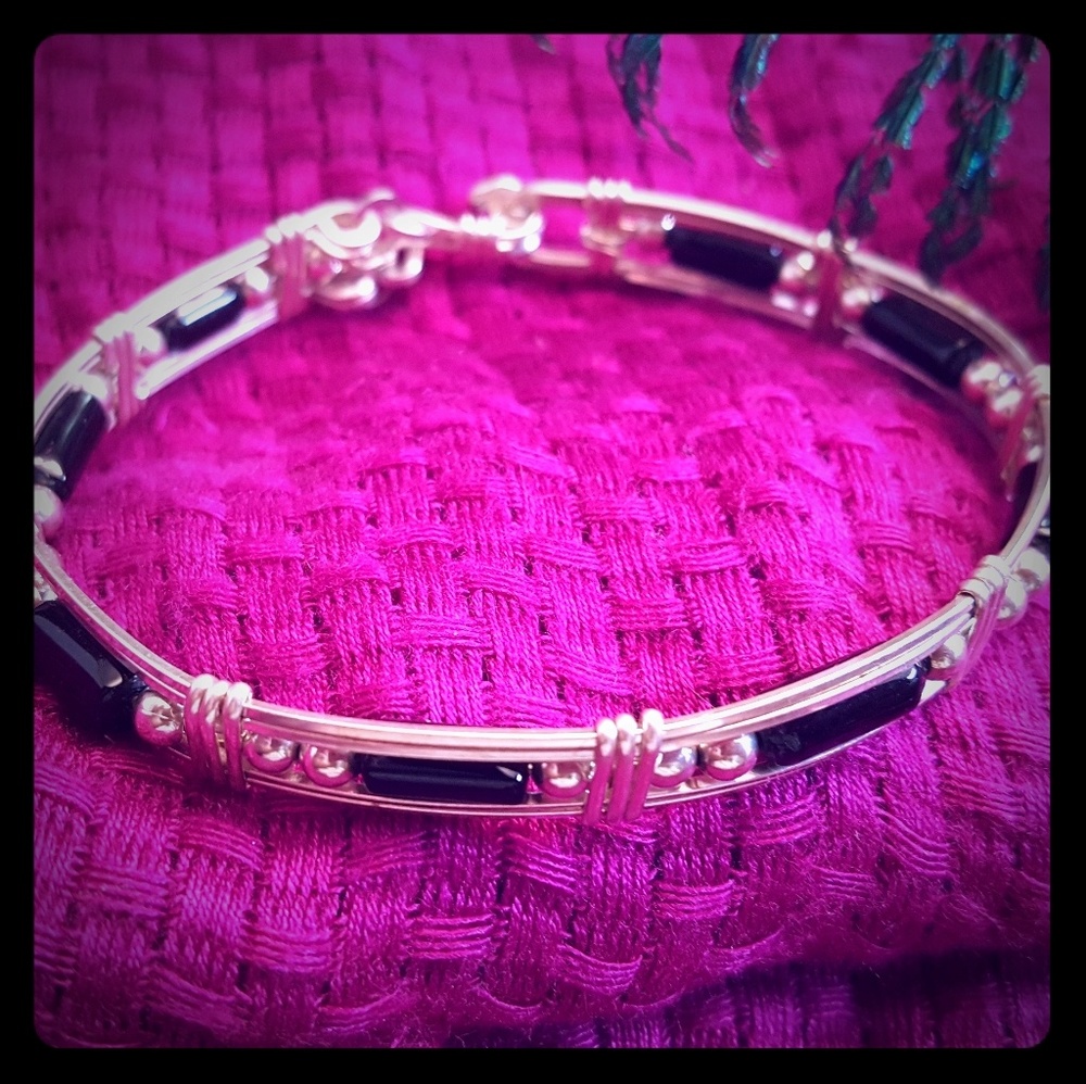 Silver bangle bracelet with black beads NWOT